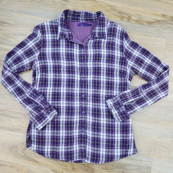 🔹️Prana Purple Plaid Riley Button Long Sleeve Top Large - Picture 3 of 12